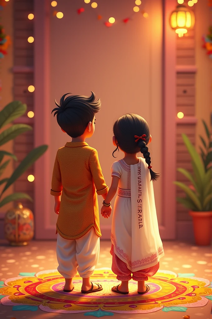 Bhai Bahan Raksha Bandhan Mana rahe hain aur bhai ki Umra 20 varsh aur bahan ki Umra 24 varsh Bilal Karan ka kurta pahna hai aur dhoti pahani hai white aur bahan ne white color key choli penny hai aur Piche likha hua hai Bade aksharon mein likha hai happy Rakshabandhan 3D animation
