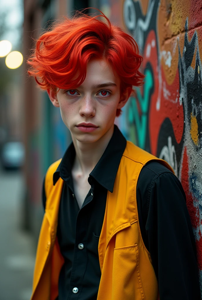 18 year old boy with pale white skin, bright blood red hair, bright pink eyes, seductive look 
Captivating smile, they wear a black shirt and yellow vest 