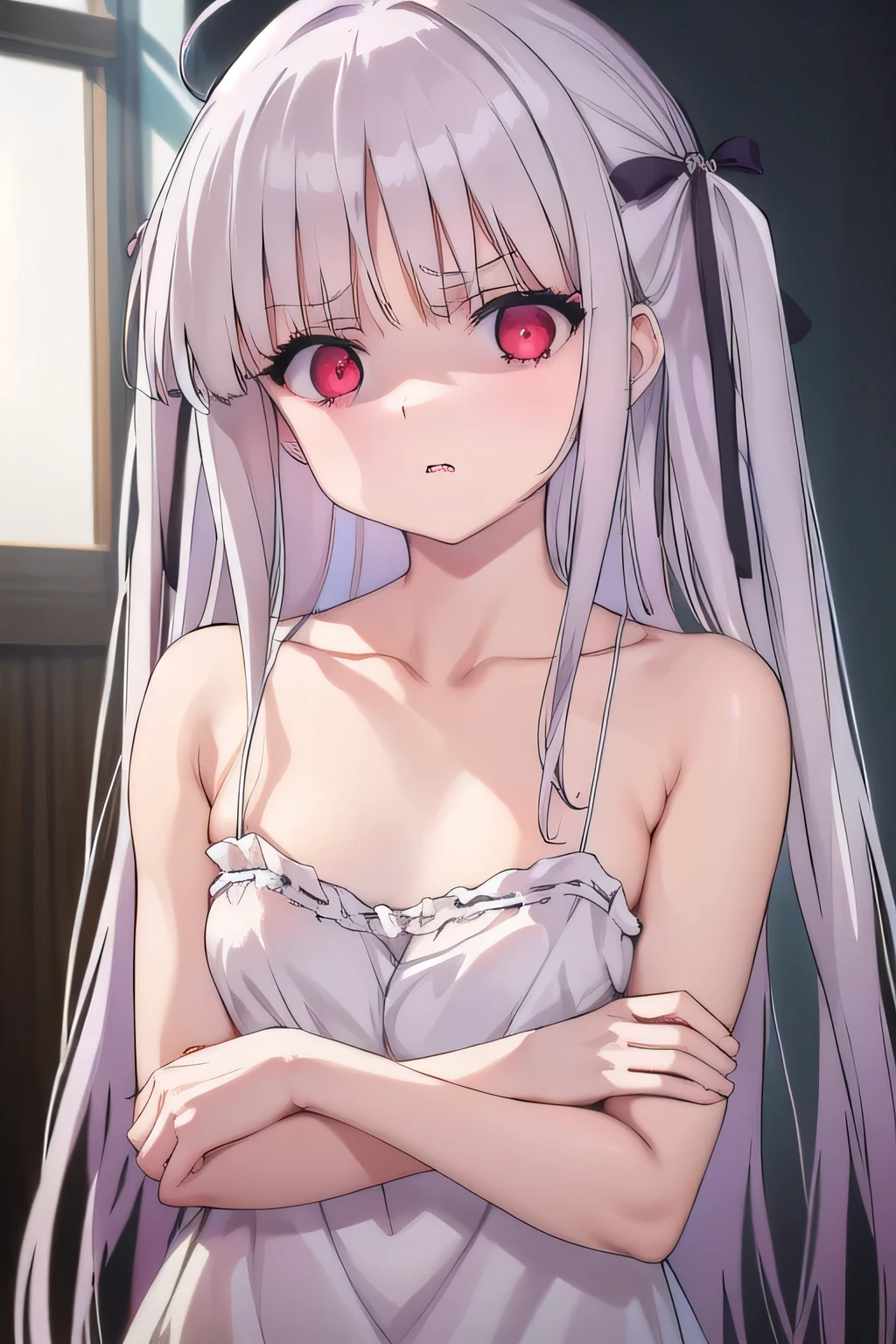 masterpiece, best quality, ultra-high-detailed, disgusted face, white hair, red eyes, sigtuna julie , small breast, arm behind head, left arm, fit body, camisole , bare shoulder, Collarbone , armpit crease , looking to viewer, near shot, focus to armpit, mirroring, front shot, upper body, showing armpit , unpleasure, disdaining , furious 