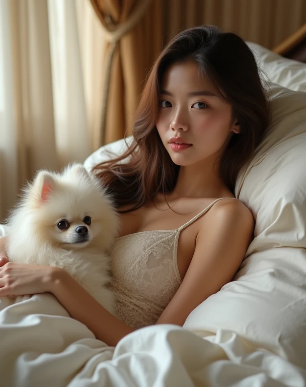 8K、Top image quality、masterpiece、An 18-year-old woman、Sleeping in bed side by side with a dog、Silk White Pajamas、(Siberian Husky in dogs、The dog licks her face:1.2)、Express happy time with dog with poses and facial expressions、Cinematic lighting、Camera from directly above