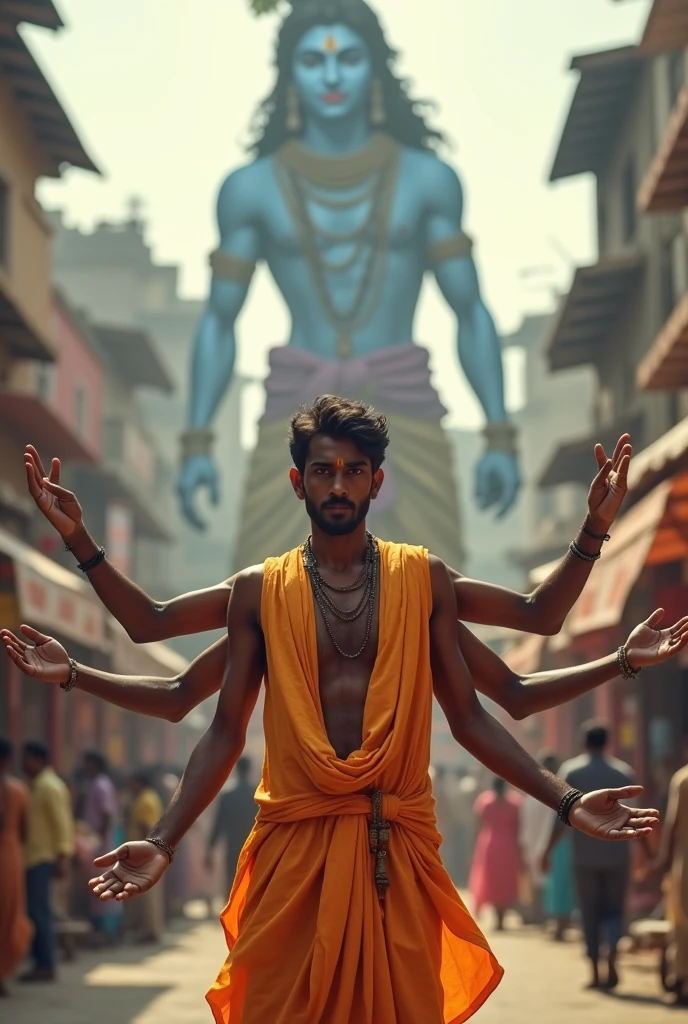 In modern world in Vrindavan city. A young India modern man wearing long kurta, having four hands instead of two hand, with tensed face, with lord Krishna shadow in background.