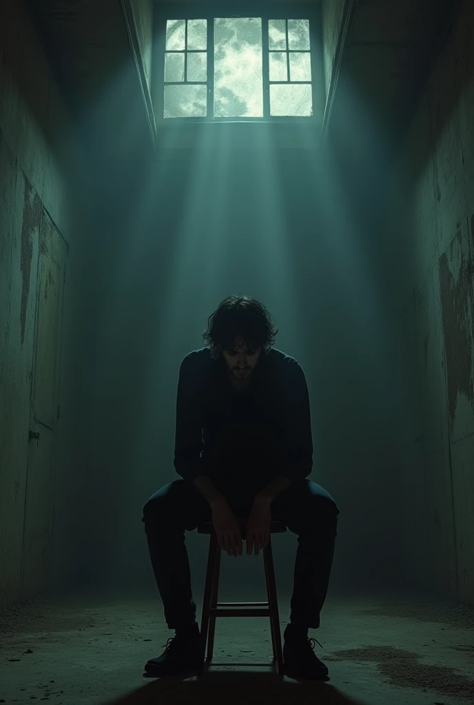 A top of the stool sitting man ready to suiciding in a dark lorge
Wide angle room with hang up