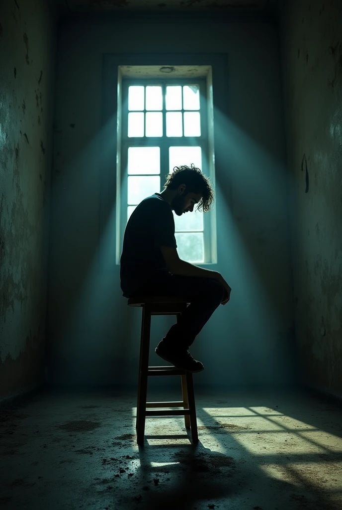 A top of the stool sitting man ready to suiciding in a dark lorge 
Wide angle room with hang up 
