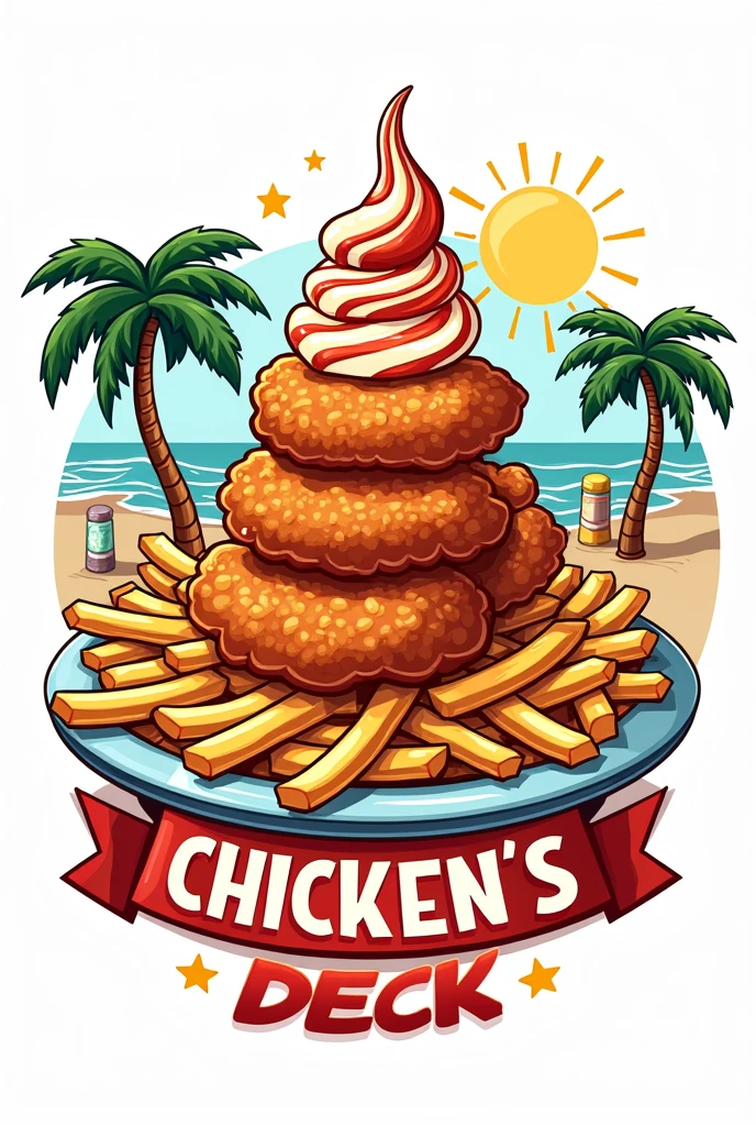 Fried chicken layered on top of a bed of fries with Mayo-ketchup sauce
logo for a restaurant named "CHICKEN'S DECK"
Cartoonized or Animated