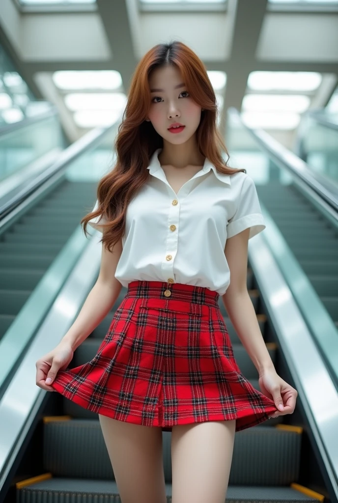 super mini skirt(Red plaid)An 18-year-old high school girl wearing a white shirt.