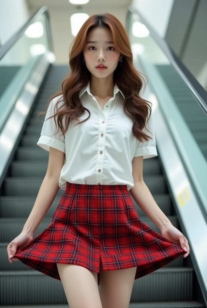 A beautiful korean girl, 20 years old, kpop style, light brown long wavy hair, sexy slim muscular body, long legs, wide thigh gap, sexy butt, standing front view on escalator that going up. She's wearing shortsleeve white open all buttons shirt showing her breasts and ((red tartan miniskirt)), ((twisting skirt, lifting up high your own skirt:1.3)), the skirt is just below of her vagina, clearly see white slim and thight panties, open legs, looking to the viewer, (((from below, low angle shot:1.4)))