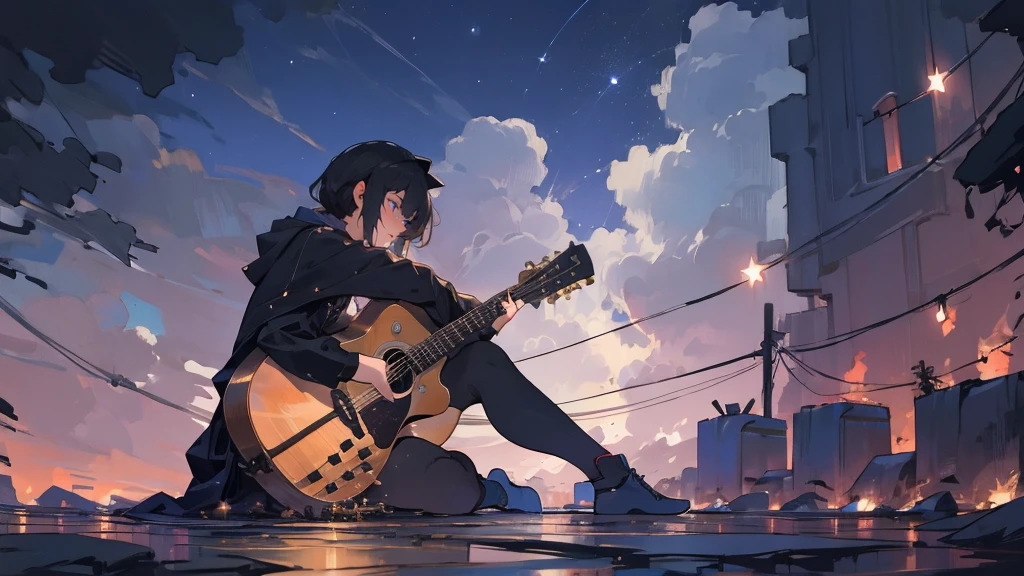 masterpiece,night,(dark alley),star、Night evening Sky、milky way、octone、
(1. Female), (solo), Knee hugging sitting,acousticguitar