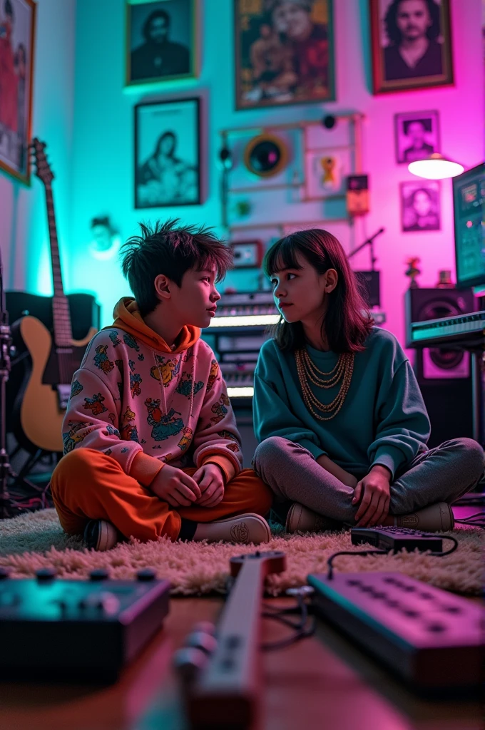 A boy sitting next to Billie Eilish and making music