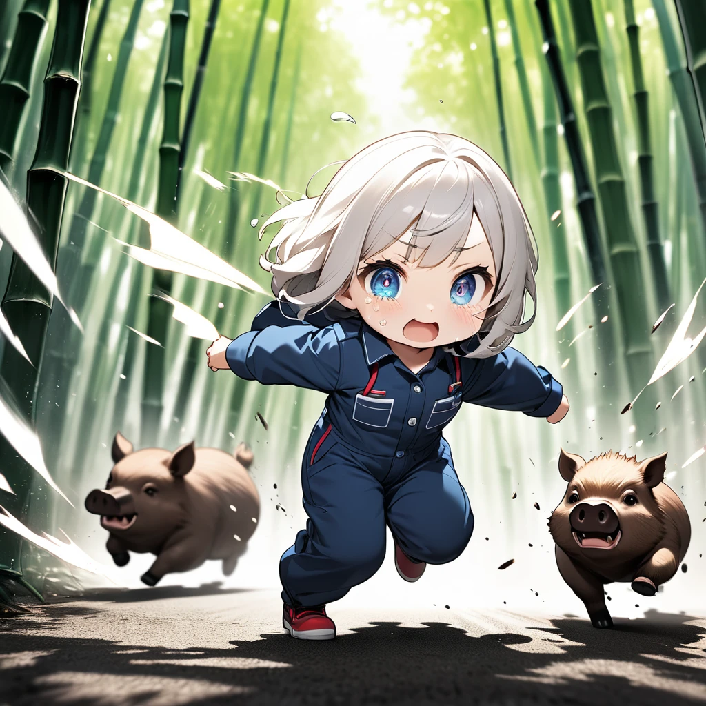 ultra-small deformation, Chibi Cute, 1girl, solo, full body, work jumpsuit, running towards the viewer, Crying while approaching, While scattering large tears, Approaching with great force, Dynamic Motion Blur, Dynamic action scenes, Anatomically correct, The boar is chasing me, High contrast and vivid color, background is Bamboo Forest, Generated in SFW