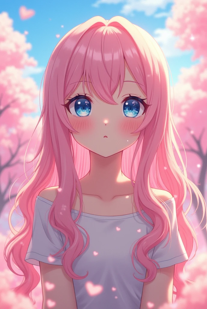 Girl with long wavy pastel pink hair, Blue eye color, Pale skin tone, Cute face, Light makeup, Ultra HD, Anime