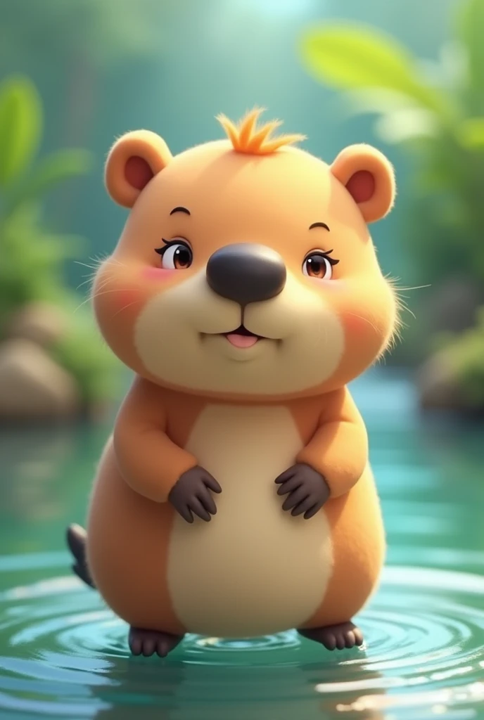 cute 3D mascot greater water capybara, Hydrochoerus hydrochaeris,  3d chibi style, simple cute, kawai, smallest squinting eyes, black muzzle, tailless