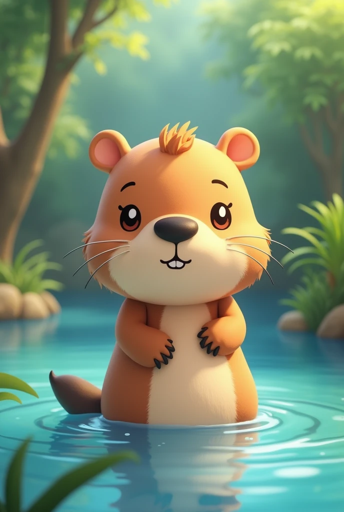 cute 3D mascot greater water capybara, Hydrochoerus hydrochaeris,  3d chibi style, simple cute, kawai, smallest squinting eyes, black muzzle, tailless