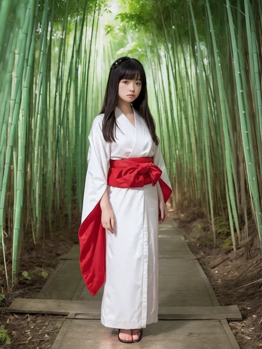 Standing in the bamboo forest, Moonlight shines in, A woman of silence and mystique, alone, bangs, (Shrine maiden), (White kimono), (Red Hakama Skirt),