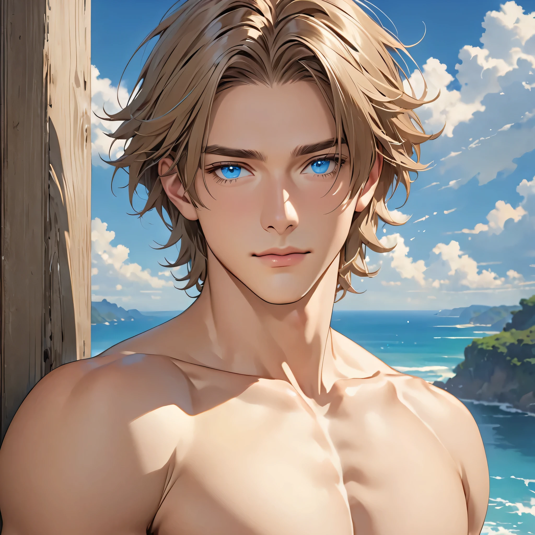 1 male, light brown hair, medium length hair, blue eyes, well built body, High-definition details,