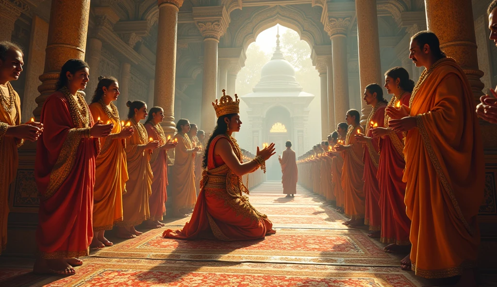 Samudragupta offering his respects to different religious leaders, symbolizing his policy of religious tolerance."