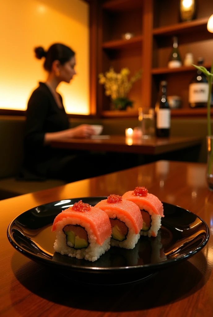 Sushi restaurant　Sea urchin warship roll　photograph　A woman's silhouette in the background　
Japanese sake