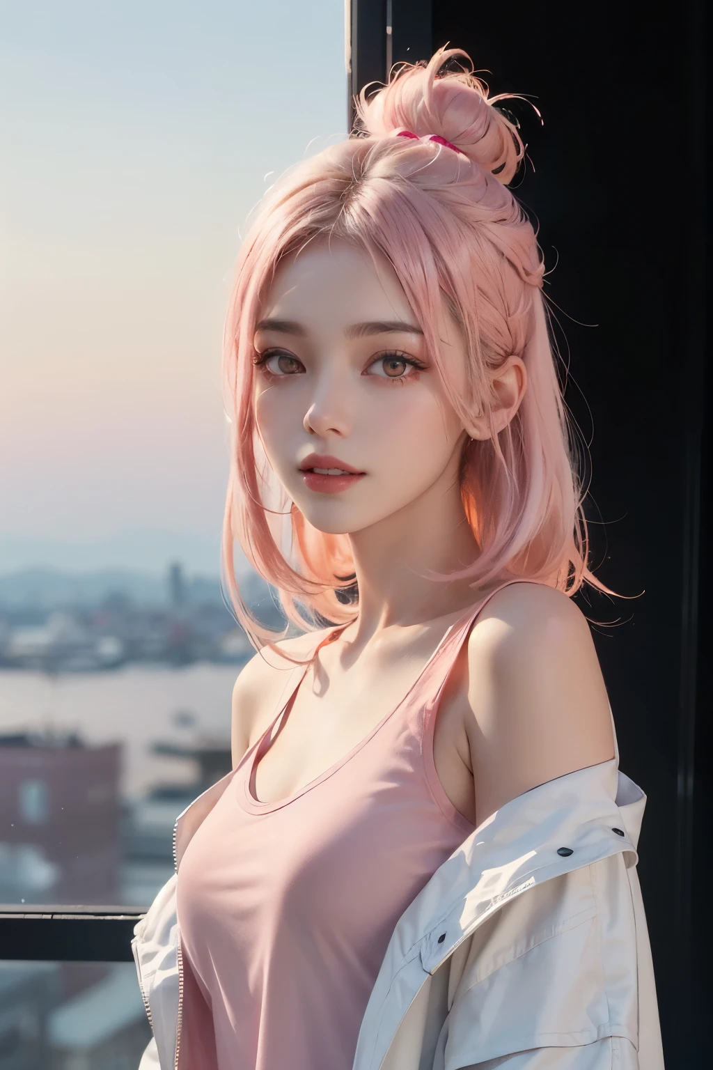 20-year-old woman, Platinum-coloured hair, (High Top Fade:1.3), Shoulder-length hair,(Hair with pink gradation at the ends,) ((Pale red eyes,)) Dark Theme, Calm tone, Calm colors, High Contrast, (Natural skin texture, Hyperrealism, Soft Light, sharp)smile, Background sky with rainbow,Large size white raincoat, Black tank top
