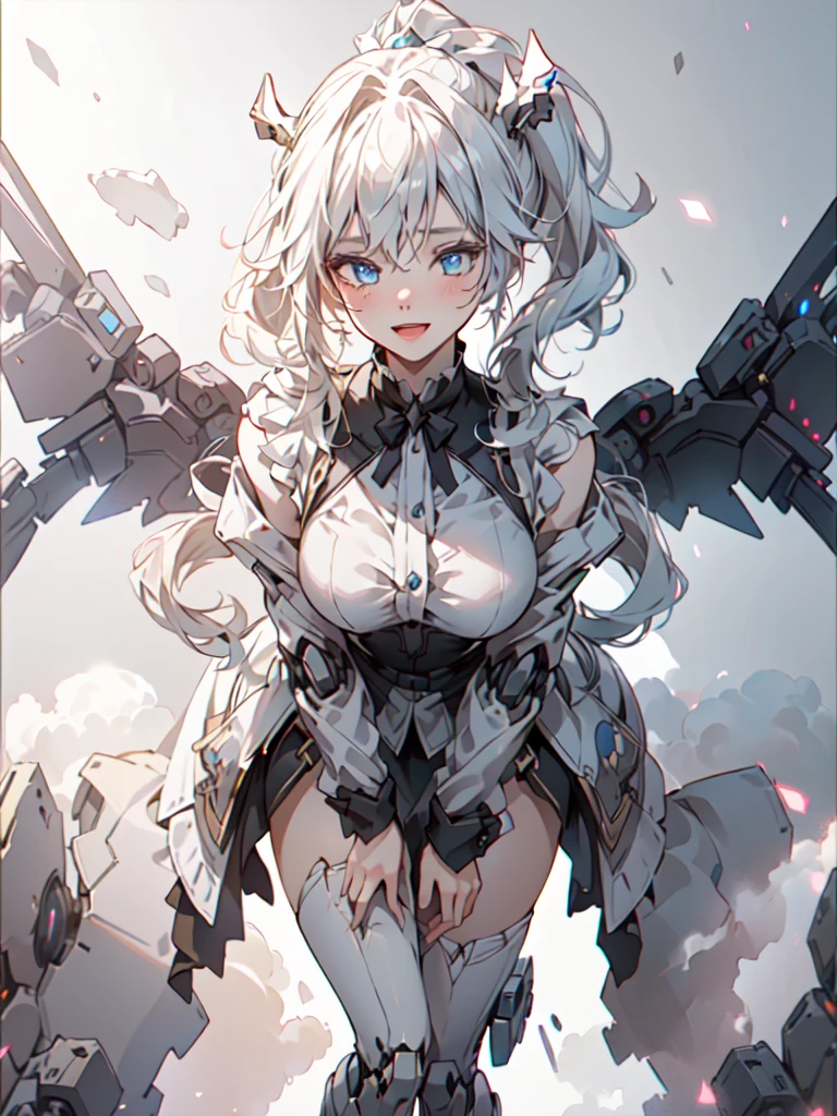 (Masterpiece, Best Quality, great, Highly detailed ajectar Unity、8k wallpaper, Depth-of-field, super fine-illustration:1.5)、3D, Extremely detailed, (Victorian maid cloth, mecha leg, mecha hand: 1.3), (1elf girl), sci-fi battlefield, hawken, Smile, Open mouth, short ponytail hair, (white blonde hair, Deep Blue Eyes:1.2), Sparkling eyes, Cute face, kawaii, Large breasts, delicate hair, disheveled hair, ((Flying high in the sky)),  (Symmetrical mechanical wing, Metallic colored mechanical wings that are widely expanded to the left and right so that they protrude greatly from the screen, headgear, white hair ornament), (Particles of light, Cinematic lighting: 1.3), (Thin pink lips: 0.8), by Yusuke Murata.