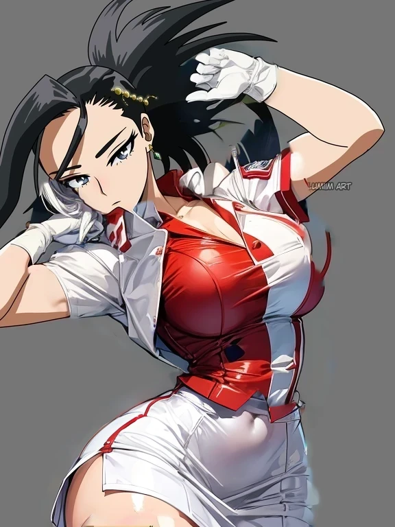 japanese clothes, black pants, buttons, wide sleeves, white sleeves, white headband
cropped jacket, yellow jacket, white pants, white top, eyewear on head
white swimsuit, cleavage cutout, hat