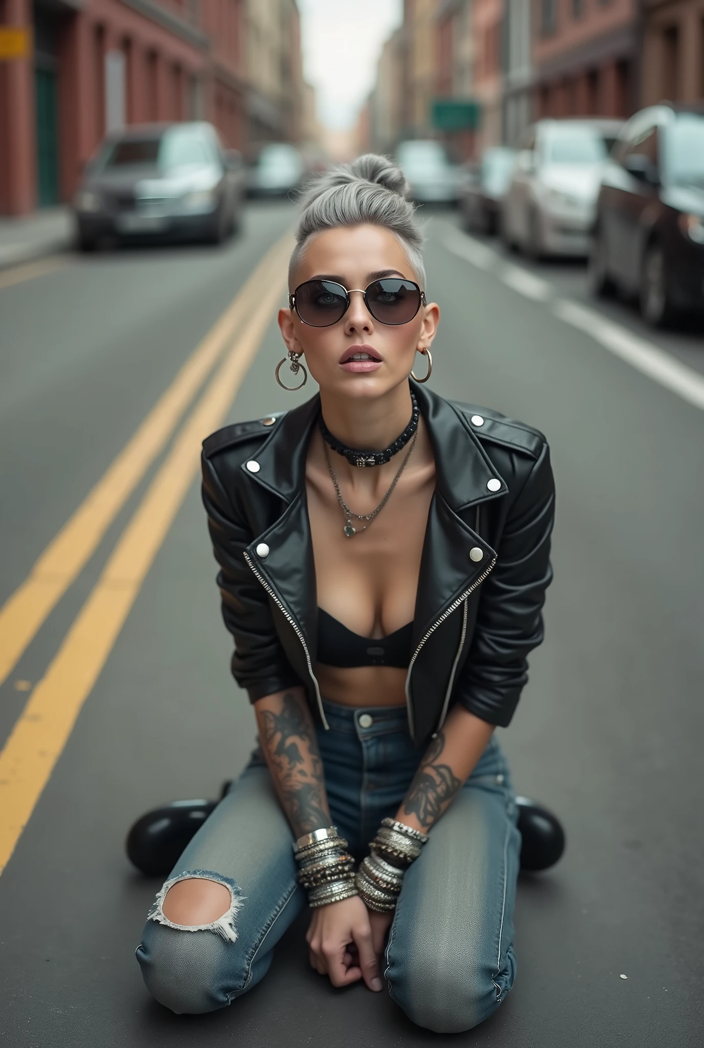 russian old milf woman, grey hair (huge top bun with shaved sides) and sunglasses as headband (big maxi glasses), with very light blue eyes, extremely pale. Wearing cropped black moto jacket, zippers, black bra, skinny dark blue jeans (worn and dirty knees) with white thread seams and pointy Chelsea boots with cuban heels . Lots of metallic bracelets and collars. Tacky leather belt with oversized buckle. Wide loop earrings. Sitting on the floor, looking up, chin up, eyes and mouth wide open in amazement. Hands in prayer position .Looking at the camera in amazement, toned abdominals, thin legs and thin arms. tattoed