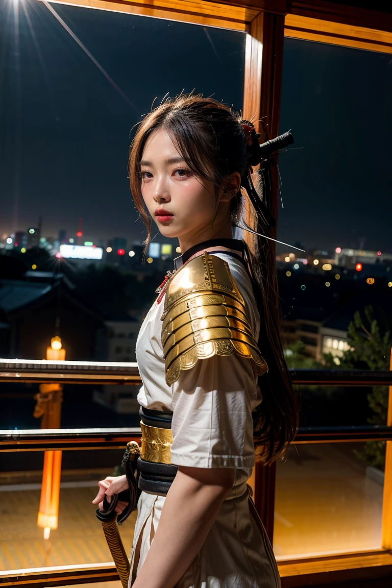 (masterpiece, best quality), A samurai holding a katana sword, light magic, divine,  silver and gold, 4k, dark cityscape, Fujifilm