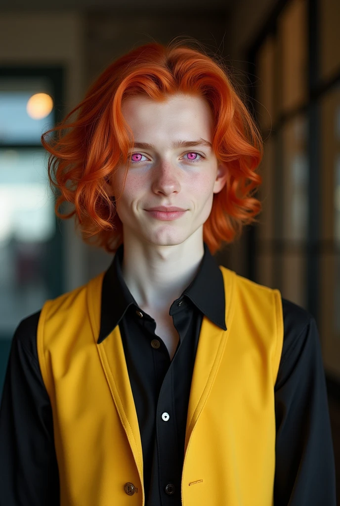 18 year old boy with pale white skin, bright blood red hair, bright pink eyes, seductive look
With Nordic features
Captivating smile, they wear a black shirt and yellow vest