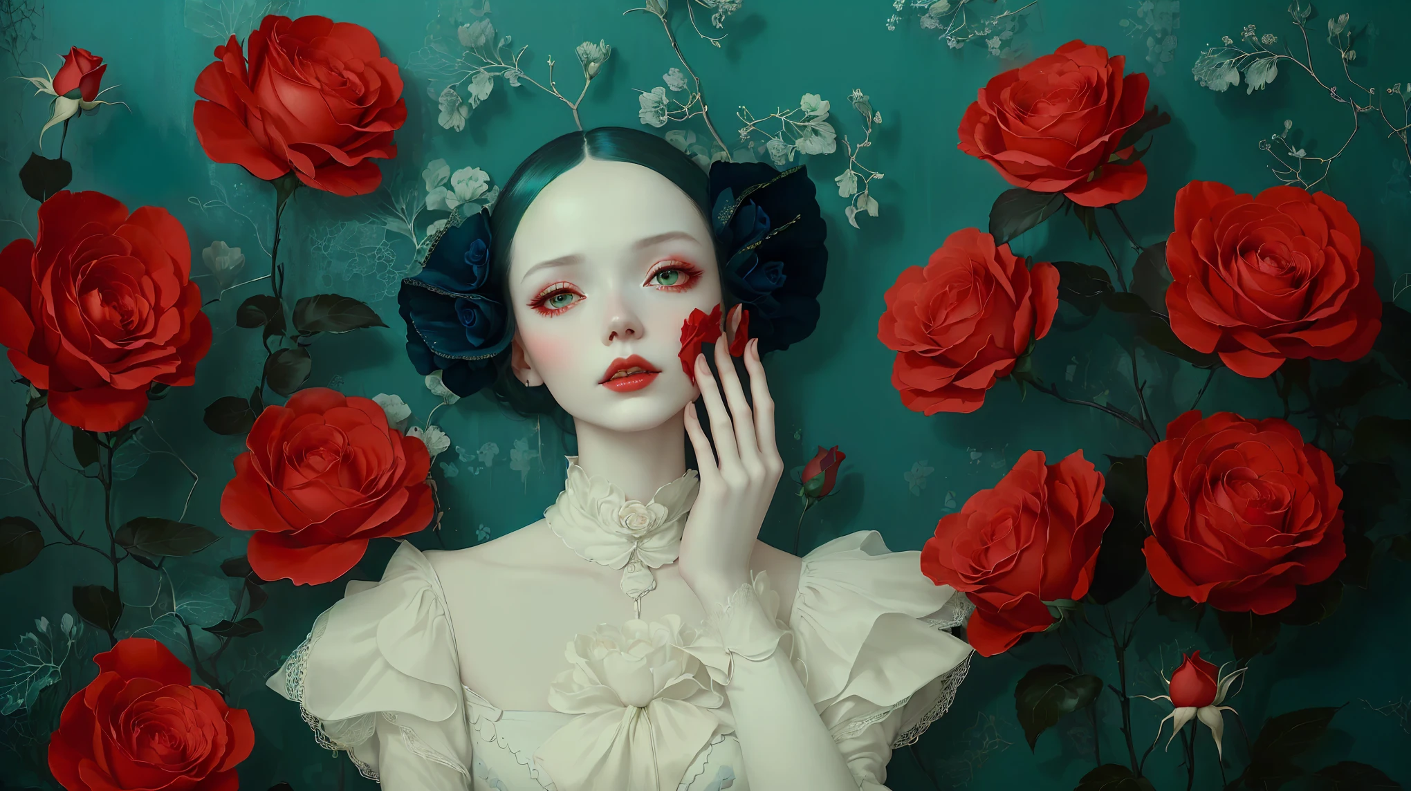 there is a woman with red roses on a blue background, natalie shau, inspired by Ray Caesar, natalie shau tom bagshaw, chie yoshii, by Ayami Kojima, monia merlo, flora borsi, jingna zhang, by Ray Caesar, benjamin lacombe, esthetic photo, porcelain skin. studio ghibli, japanese pop surrealism