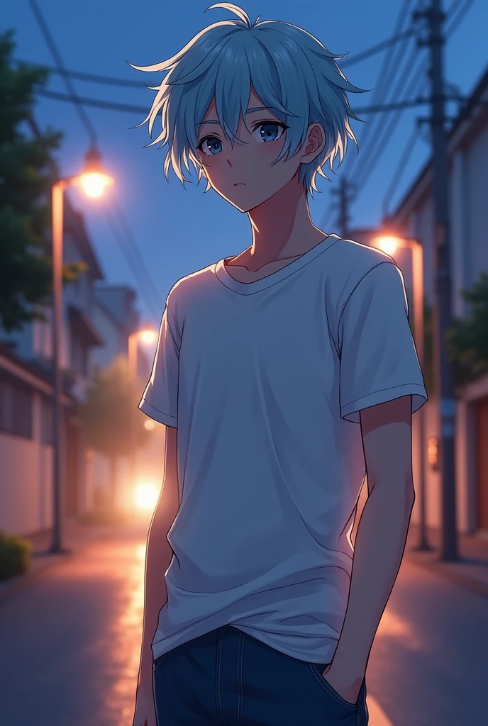 伊藤 大聖(Itō Taisei) Hairstyle:Short Hair、Pale blue hair with a fluffy volume, Eye color:Black, Height:180cm, Clothing:Simple and casual、Plain T-shirt and jeans。Light novel character