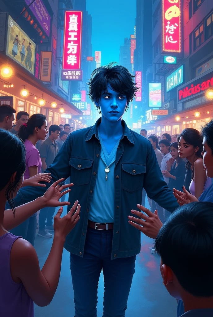 A man with bloor face whom many persons want to touch but can't because their hand is too long away from him