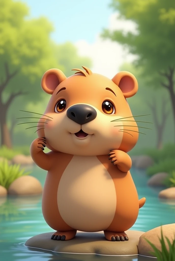 cute 3D mascot greater water capybara, Hydrochoerus hydrochaeris,  3d chibi style, simple cute, kawai, smallest squinting eyes, black muzzle, tailless, A pose character