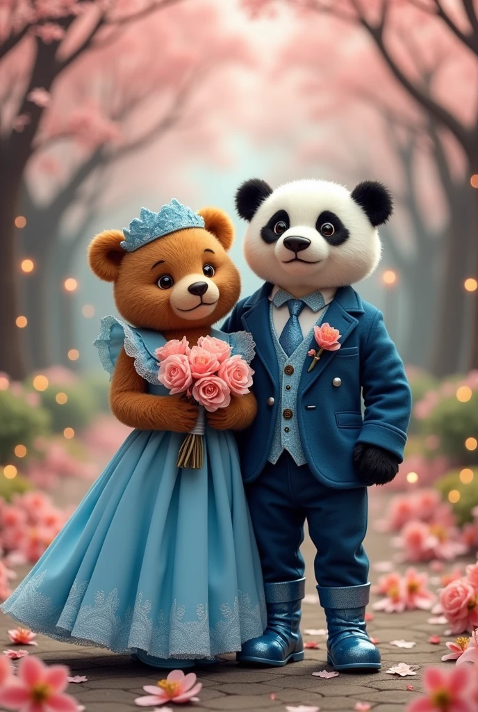 Panda and teddy bear is getting married together and panda is wearing blue suit and boots and teddy is wearing an blue long dress.
