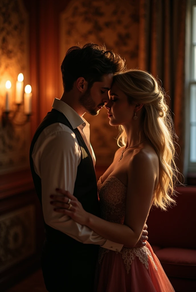 A handsome red eyes demon young man with a beautiful heiress standing in an intimate manner