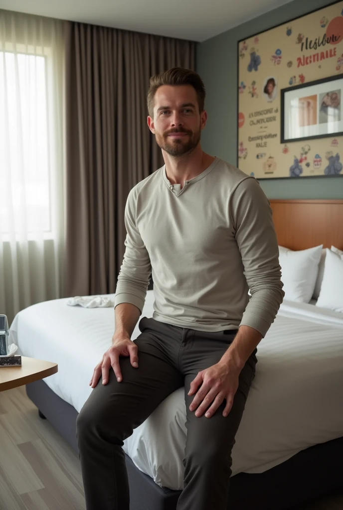Homme caucasien grand de taille, charmant, un peu costaud, habillé en pantalon et tee-shirt manche longue, assis ou adossé sur une table dans une grande chambre d'hôtel et sur la table sur laquelle est assis ou adossé le charmant homme il faut qu'il y ait un papier mouchoir déjà utilisé sur la table et sur le lit de l'hôtel qu'il soit déposer un cadre photo grand ou moyen qu'il est possible de faire arrêter sur le lit et faire face à la caméra et sur le mur du chevet du lit un tableau sur lequel il est écrit en français : BIENVENUE à MELBOURNE AUSTRALIE et autour de la phrase qu'il y ait les emblèmes du Canada Québec ou le drapeau du Canada Québec