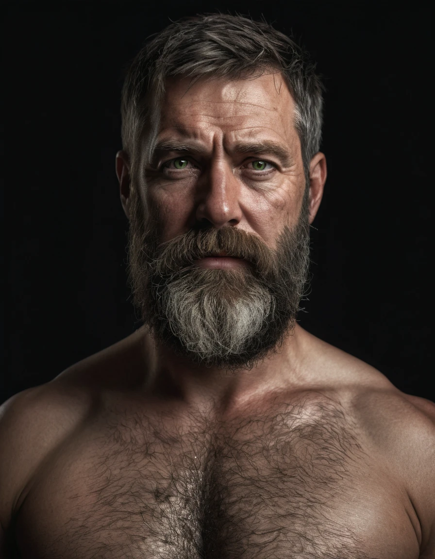 "Capture an 8K, very hyperrealistic portrait of a man around 50 years old. He has very short military-style fade haircut, with a rugged beard that gives off a lumberjack vibe. His piercing green eyes gaze directly at the viewer. Very realistic eyes, The scene shows the man from the chest up, revealing his heavily hairy chest and the top of his stomach, showcasing a chubby physique. He is shirtless against a deep black background, with a clear, bright studio lighting effect illuminating evenly across his face and body. The image should focus on the very intricate details of his facial features, very realistic beard texture, and chest hair, very realistic neck lines, very realistic neck, rendered in the hiperrealista style. Drawing inspiration from Greg Rutkowski's photography, maintain a high level of realism while highlighting the man's rugged and natural appearance."