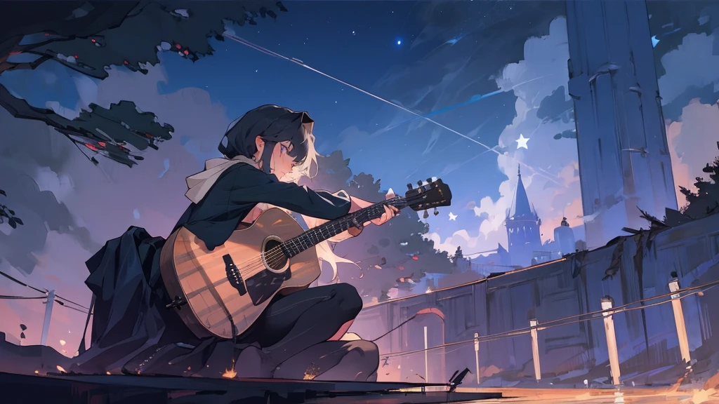 masterpiece,night,(dark alley),star、Night evening Sky、milky way、octone、
(1. Female), (solo), Knee hugging sitting,acousticguitar