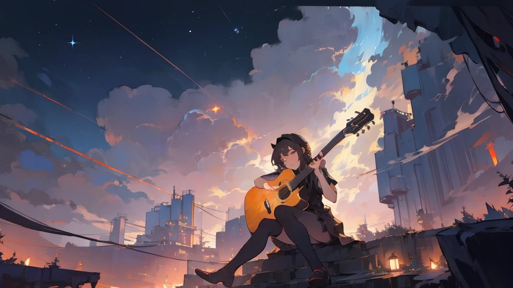 masterpiece,night,(dark alley),star、Night evening Sky、milky way、octone、
(1. Female), (solo), Knee hugging sitting，acousticguitar
