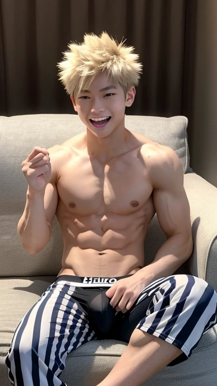 Japanese men、、Well-developed muscles and smooth skin、Pale blonde hair, spiky like Bakugou、Thin boxer briefs with stripes、A full body shot from toes to head、Masculine pose、Hero Academy、Open your mouth and smile boldly、with a large sofa set