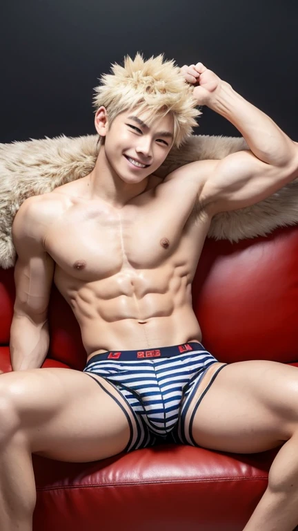 Japanese men、15 years old、Well-developed muscles and smooth skin、Pale blonde hair, spiky like Bakugou、Thin boxer briefs with stripes、A full body shot from toes to head、Masculine pose、Hero Academy、Open your mouth and smile boldly、with a large sofa set