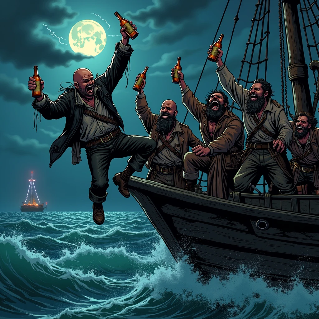 Draw me a dark picture where pirates throw a Nazi overboard. The whole thing in dark comic style, The pirates should be wild, look bearded and with rum bottles in hand. The Nazi should have a bald head and wear a bomber jacket. 