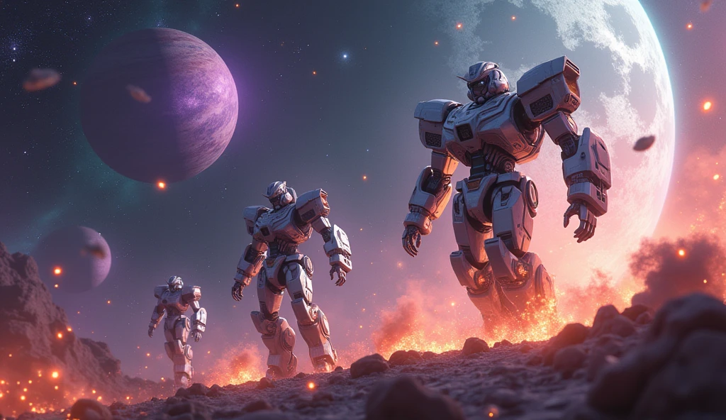 The background is a scene of the universe, with large planets and nebulae, as well as future robot battles with some flames and explosions, 3D rendering, ultra-high quality, ultra-high realism, a lot of details, 8k, instant photography, commercial photography, photo-realistic,