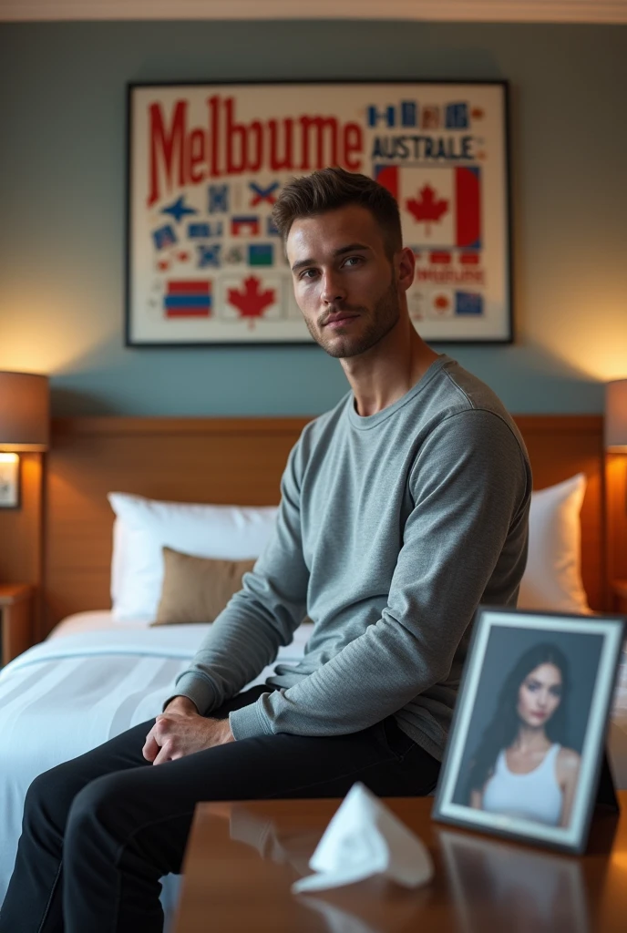Homme caucasien grand de taille, charmant, un peu costaud, habillé en pantalon et tee-shirt manche longue, assis ou adossé sur une table dans une grande chambre d'hôtel, sur la table qu'il y ait également un papier mouchoir déjà utilisé sur la table et sur le lit de l'hôtel qu'il soit déposer un cadre photo grand ou moyen qu'il est possible de faire arrêter sur le lit et faire face à la caméra et sur le mur du chevet du lit un tableau sur lequel il est écrit en français : Melbourne AUSTRALIE et autour de la phrase qu'il y ait les emblèmes du CANADA QUÉBEC ou le drapeau du CANADA QUÉBEC