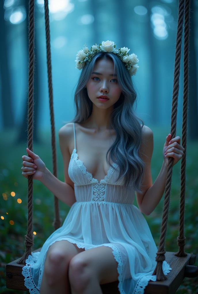 (wide shot, whole body shot), A beautiful korean girl, 20 years old, kpop style, ash grey long wavy hair, white flower headband, blue eyes, sexy body, long legs, wide thigh gap, sexy butt, sitting front view on wooden swing inside a quiet mystical illuminated fantasy forest, glowing blue leafs shing the atmosphere, Lots of brigght fireflies flying around above the forest, backlighting, holding swing's ropes. Bare feet, She's wearing transparent white spaghetti strap silky low cut mini night dress, slightly lace dress, cleavage, ((twisting dress, lifting up high your own dress:1.4)), the dress is just below of her pussy, spreading legs, M-legs, ((open wide legs, spreading legs:1.4)), clearly see white slim and thight panties, open legs, looking to the viewer, (((from below, low angle shot:1.4))), beautiful lighting, cinematic, (whole body), (soft front studio light, bright skin:1.4)