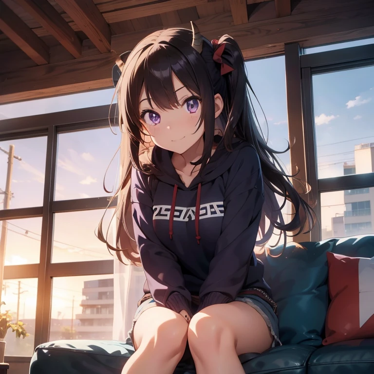 Masterpice, best quality, high quality, 1 girl, Solo, has Purple eyes, has Long Brown hair, has horns, wears Blue hoodie with farmer pants, full body, viewing camera, upper body, pretty face, slim body, has medium breasts, happy expression, in the room, sitting in the couch, anime art, anime art wallpaper, anime style 4K, badass anime, sunny day