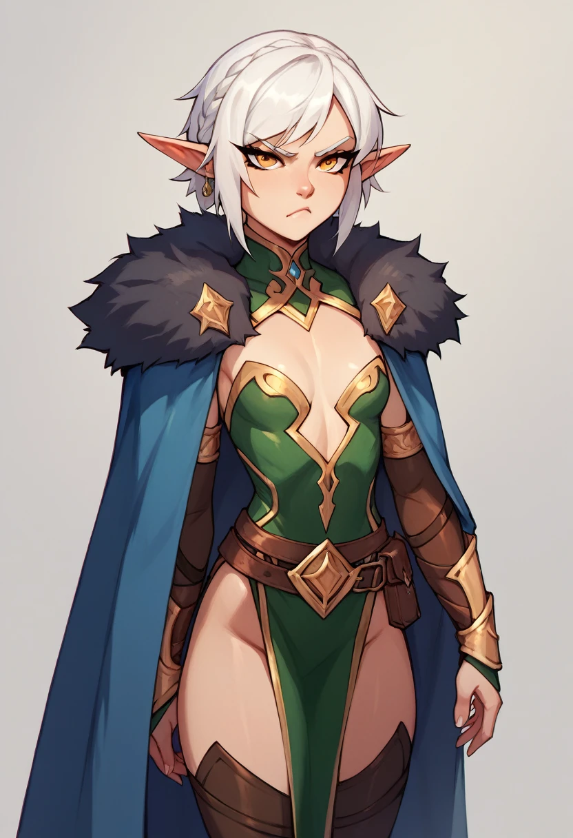 (highres, high quality:1.1), 1girl, elf, small breasts, fantasy outfit, scowl. white hair, golden eyes, gogalking
