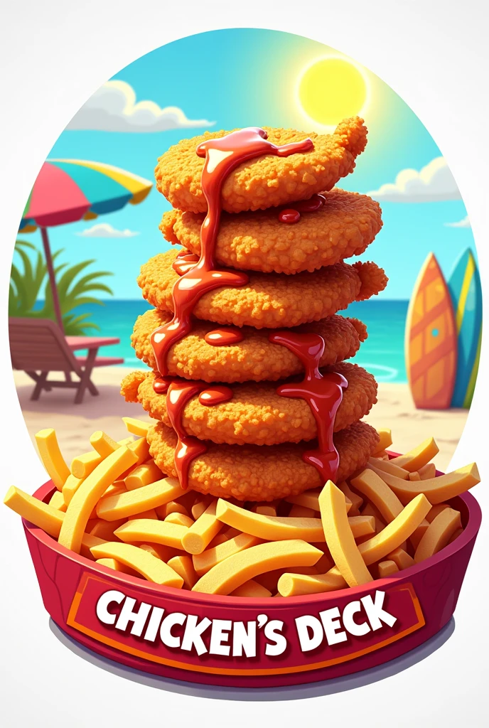 Fried chicken layered on top of a bed of fries with Mayo-ketchup sauce 
logo for a restaurant named "CHICKEN'S DECK" 
Cartoonized or Animated 