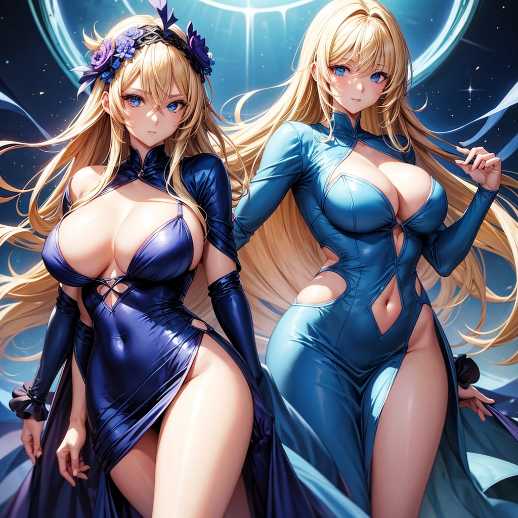 An anime woman with an attractive body, blonde hair and blue eyes, large breasts and a wide waist wearing a blue dress.