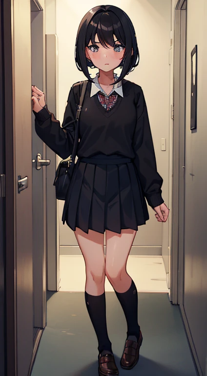 a girl with mid straight blak hair , side bangs ,short, fluster suprised face , school uniform black, in the hallway