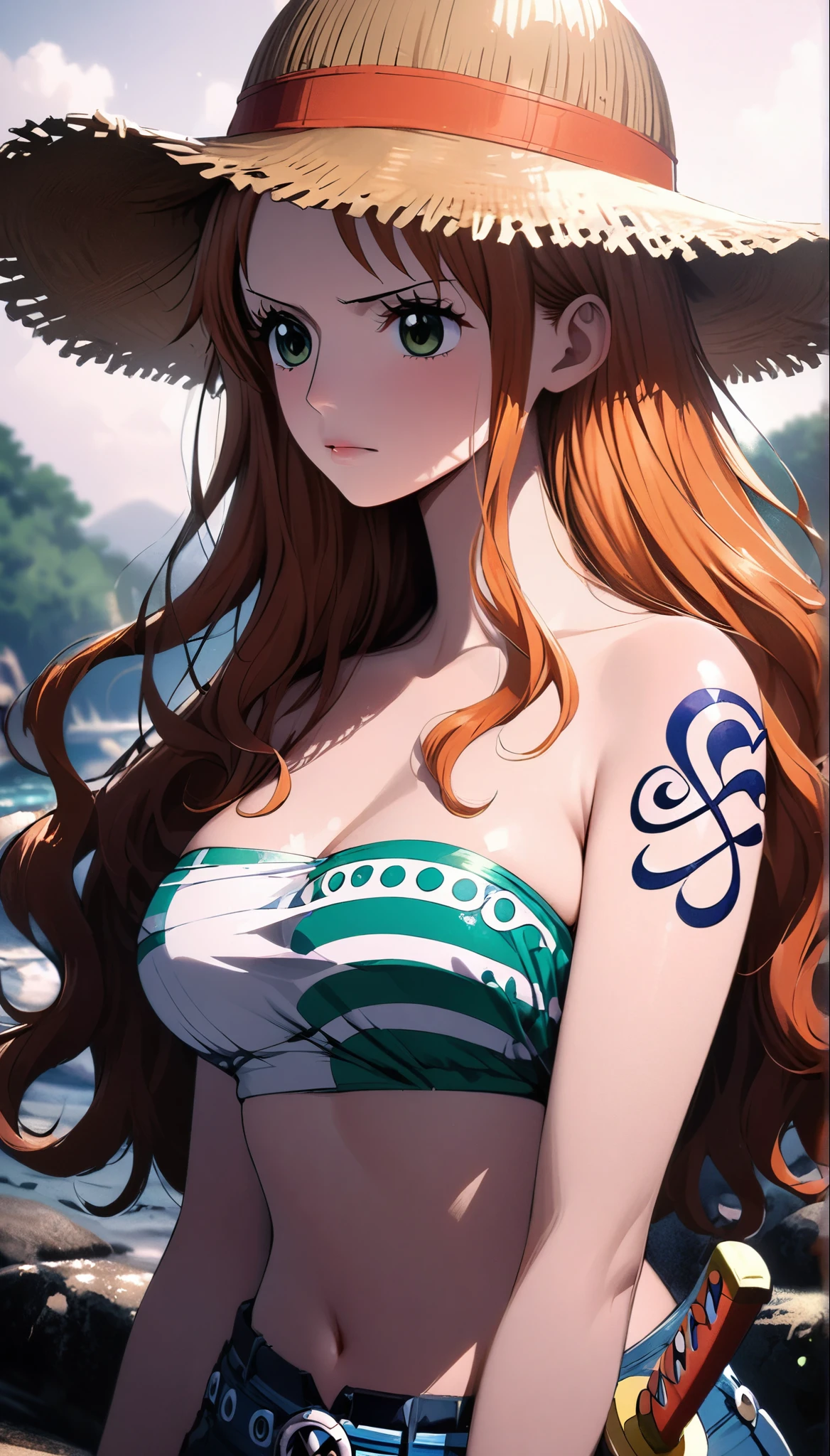 masterpiece, best quality), intricate details, 1 girl, woman, green hair, nami \ (one piece\), (long hair), shirt, white shirt, female focus, clothes, orange colour kimono, sarashi, nature, scenery, upper body, straw hat, ((front view)) ((close up shot)) ((solo)) ((hair over one side of face)) detailed, very high resolution, no blurry image, full body, green eyes, sligh wavy hair, ((nami from one piece)) ((female nami from one piece)), holding katana 