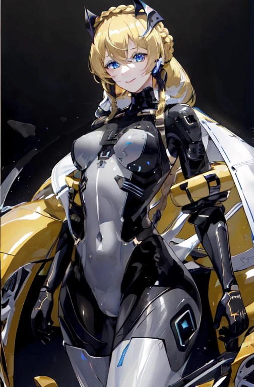 Super detailed, masterpiece, Highest quality, UB1MO,
(alone:1.3), Argentina, (Black Theme:1.5), Android, Machinery Parts,
Full Body Shot,
In-person audience,
A kind smile, A light smile,
One person, blue eyes, long Blonde, French Braid, bangs, Medium chest, Long Hair, Blonde,
Sleeveless dress,