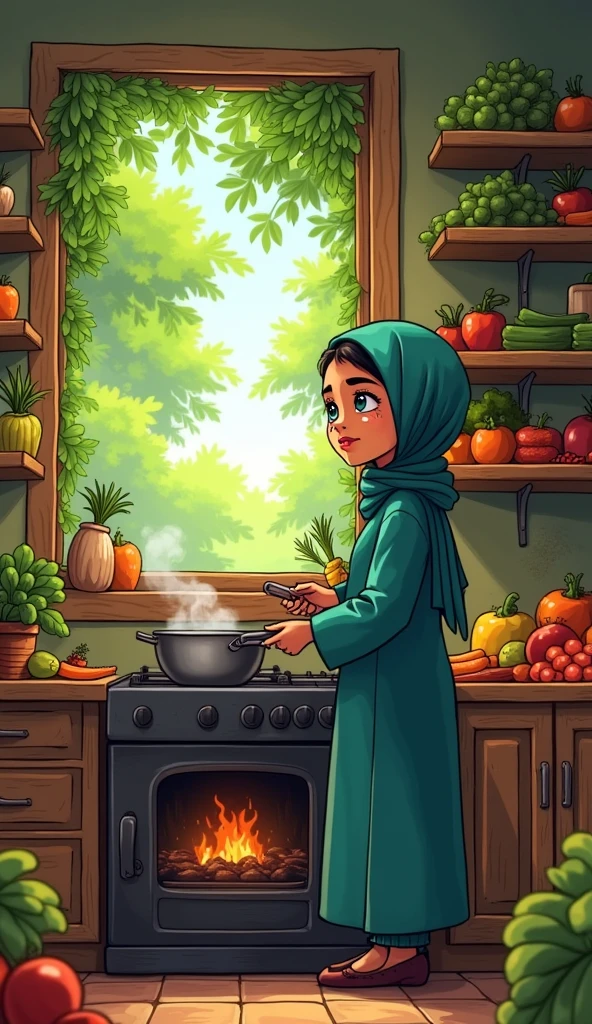 a beautiful cartoon hijabi girl is doing cooking o a fire cook system in poor kitchen, there are too much vegetables are on the shelf of kitchen , and a window backside of girl is present trees are show us through window, whlie she is crying so loudly